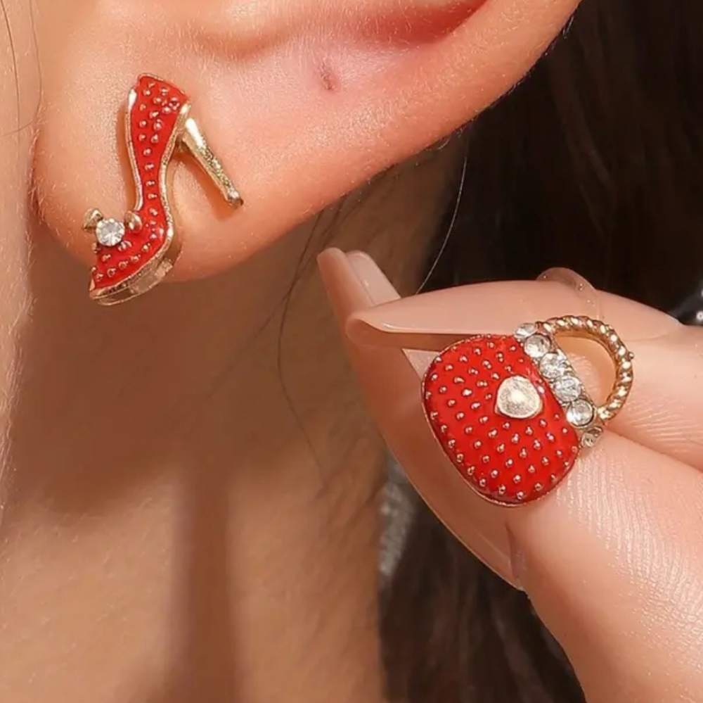 2/$35 Women's Bag & Heel Red Stud Earrings. NWT.
